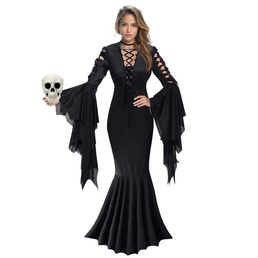 3011 Gothic Witch Costume - Adult Black Witch Dress with Collar Choker